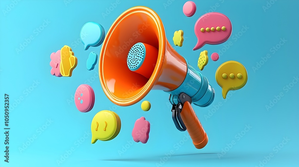 Leinwandbilder Floating megaphone with various shaped and colored 3D speech bubbles on a solid blue background illustrating the concept of communication expression and digital messaging for marketing advertising