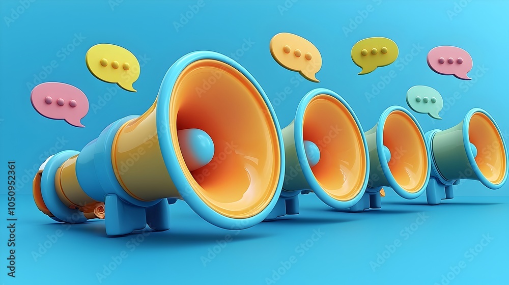 Poster Megaphones with Floating Speech Bubbles in a Creative 3D Rendering Placed on a Bold Blue Background Representing Effective Communication Tools and Concepts