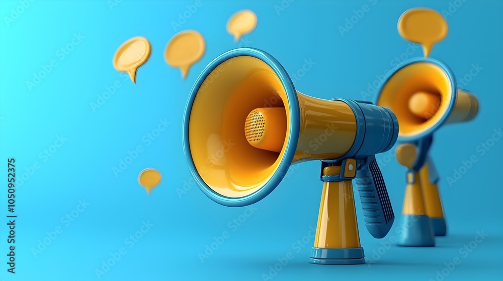Poster Creative 3D rendering of megaphones with floating speech bubbles placed on a bold blue background symbolizing effective communication tools for marketing advertising and business announcements