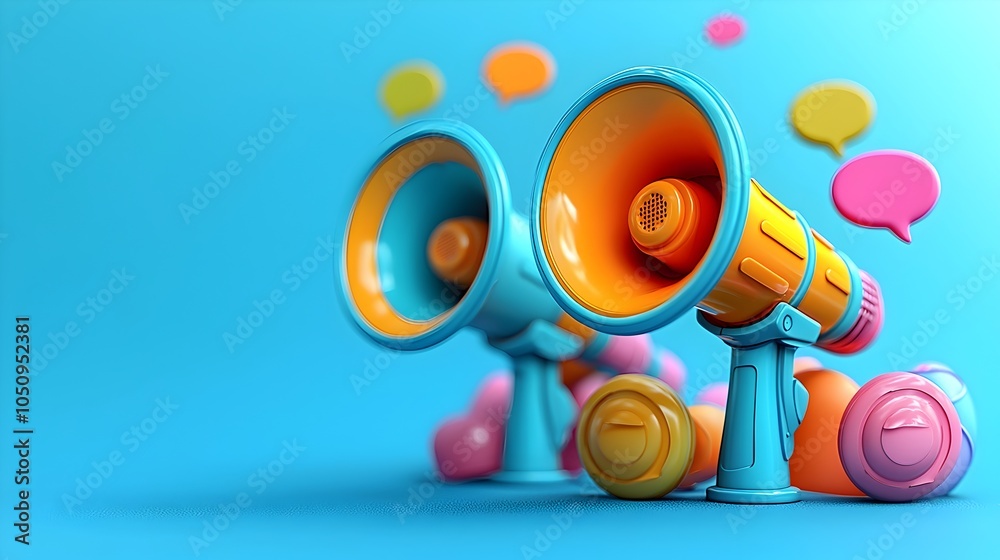 Aufkleber Megaphones with Floating Speech Bubbles in a Creative 3D Rendering Placed on a Bold Blue Background Representing Effective Communication Tools for Marketing Presentation and