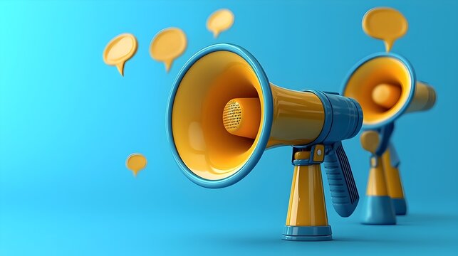 Creative 3D rendering of megaphones with floating speech bubbles placed on a bold blue background symbolizing effective communication tools for marketing advertising and business announcements