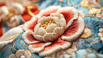 Naklejka premium A stunning close-up of a richly detailed embroidered flower on vibrant fabric, showcasing intricate craftsmanship and vivid colors, blending tradition and art beautifully.