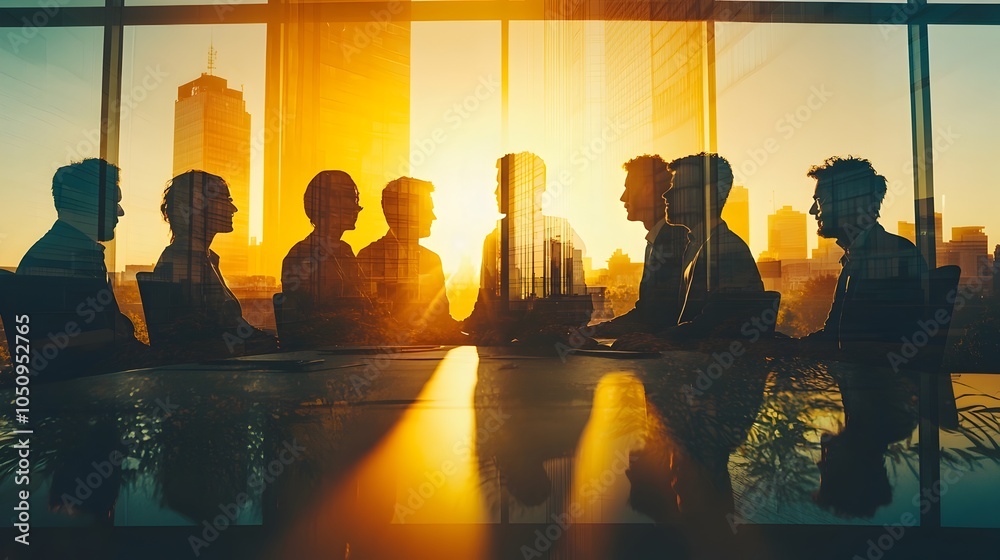 Leinwandbilder Backlit group of business professionals collaborating together in a modern office setting with sunlight streaming in and a captivating double exposure effect symbolizing the concept of teamwork