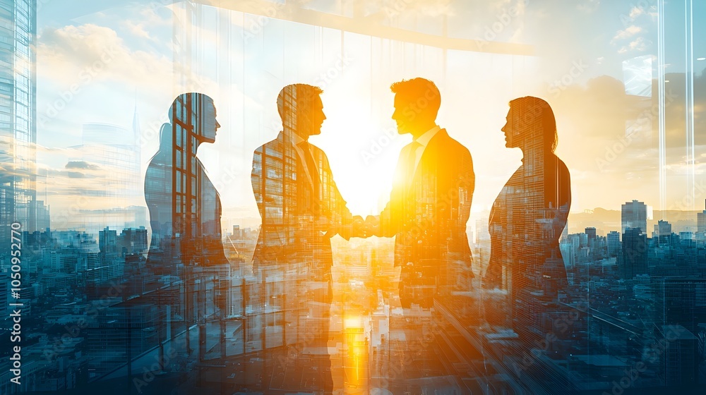 Leinwandbilder Backlit group of business professionals collaborating in a modern office with sunlight streaming in captured in a double exposure effect symbolizing teamwork connectivity and creative problem solving