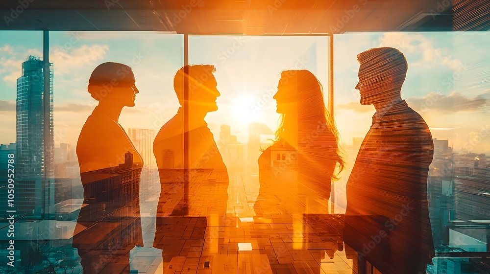 Poster backlit group of business professionals collaborating in a modern office with sunlight streaming in 