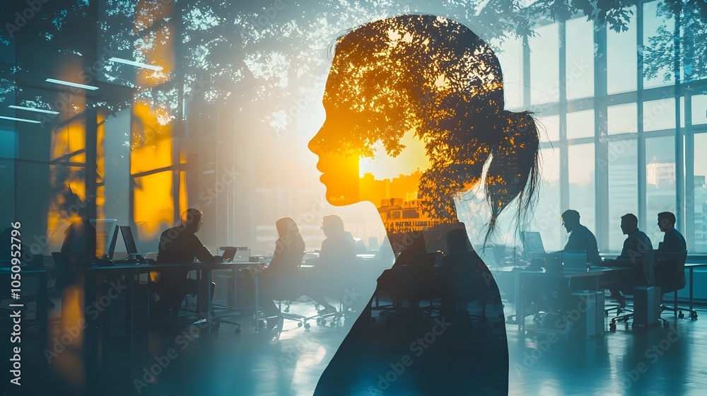 Leinwandbilder double exposure of a business team working in a sunlit office interior blending the corporate enviro