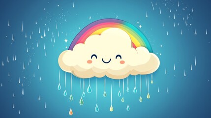 A cute cloud smiles amidst a colorful rainbow and raindrops, representing joy and tranquility in a whimsical cartoon style, brightening the viewer's day.