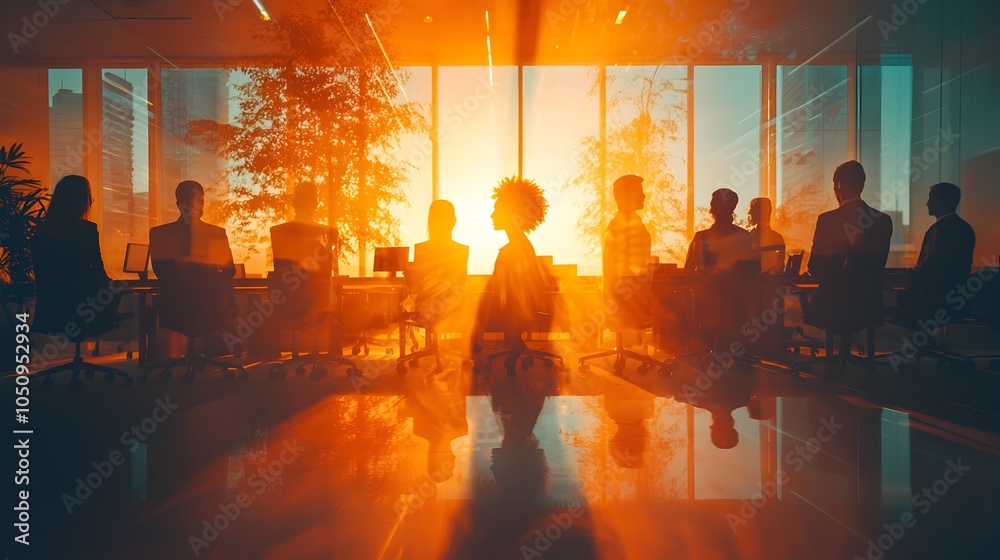 Aufkleber sunlit office filled with a team of business professionals shown in double exposure to emphasize a m