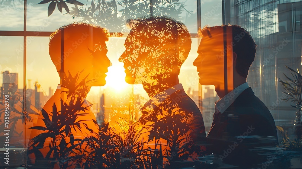 Poster a sunlit office setting filled with a team of business professionals shown in double exposure to emp