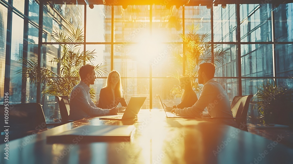 Aufkleber sunny corporate office space showcasing teamwork and productivity with captivating double exposure v