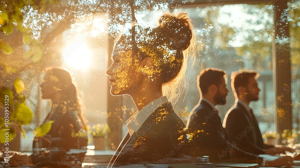 Poster double exposure of a diverse business team working together in a sunlit office symbolizing teamwork 
