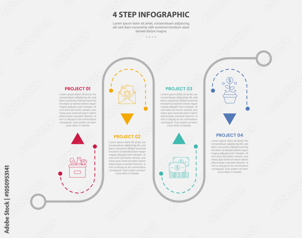 Aufkleber 4 points template infographic outline style with 4 point step template with roadway journey up and d