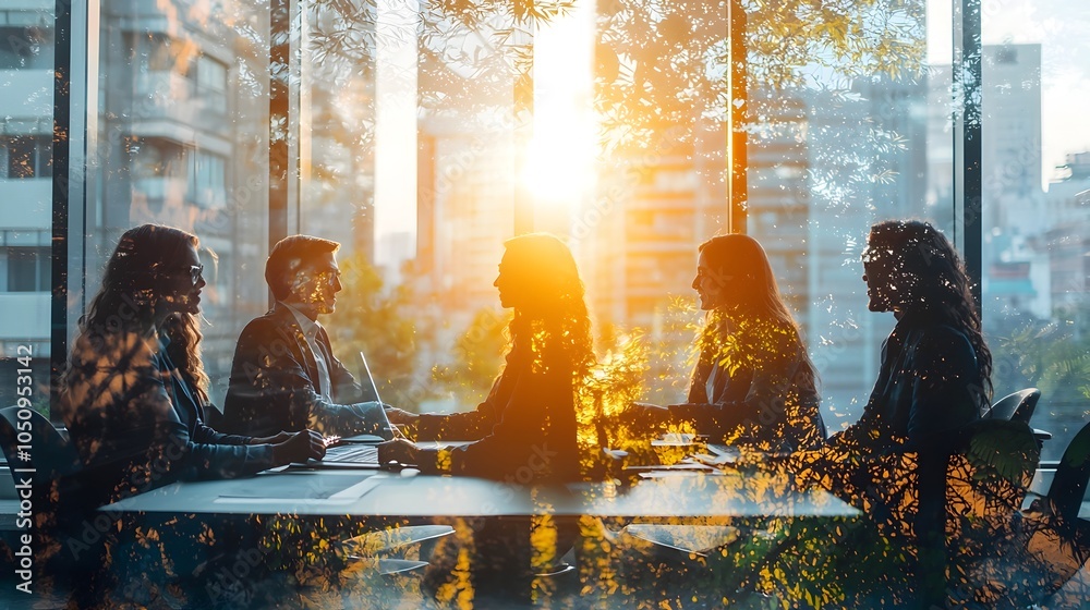 Poster double exposure of a diverse business team working together in a sunlit office symbolizing teamwork 