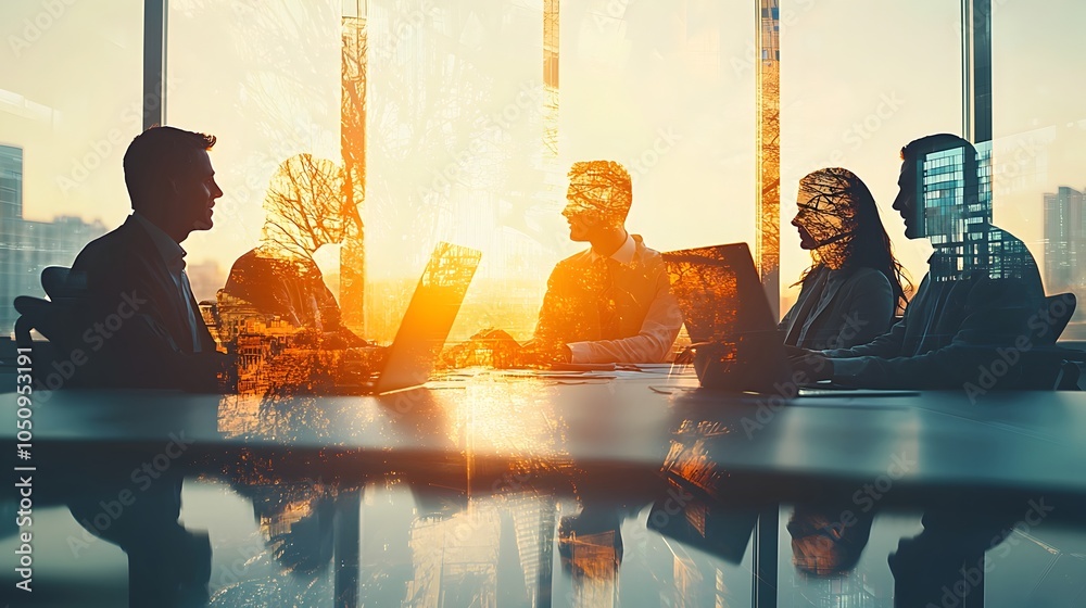 Poster backlit team of businesspeople collaborating in a bright modern office with double exposure to empha
