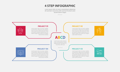 4 points template infographic outline style with 4 point step template with big rectangle arrow container spreading center for slide presentation