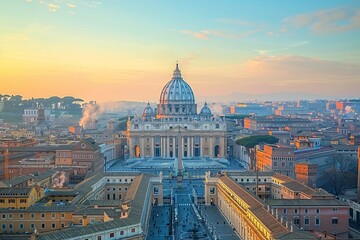 Fototapeta premium As dawn breaks over Vatican City, St. Peter's Basilica stands majestic amid the softly lit buildings, casting a serene atmosphere. The sky glows with warm hues, enhancing the historical beauty