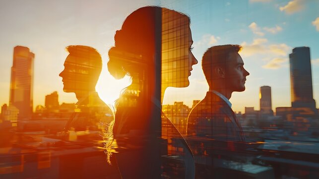 Backlit business team collaborating in a modern office with sunlight flooding the room represented in a double exposure effect to highlight teamwork and corporate goals