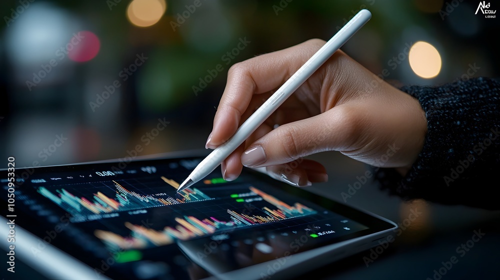 Poster Graceful female hand holding a stylus navigating through vivid colorful charts and tech metrics displayed on a digital tablet device for financial data analysis research and business reporting
