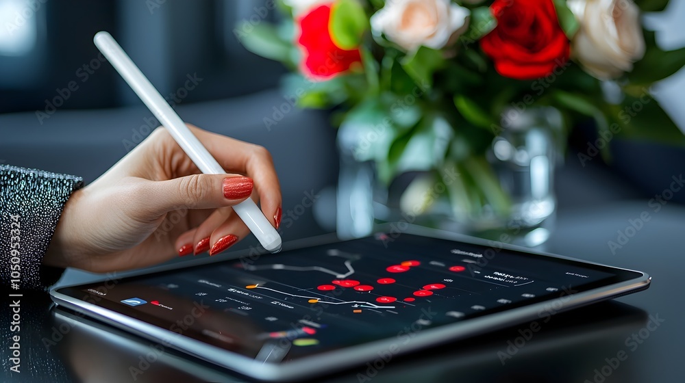 Aufkleber Close up of a professional woman s hand using a stylus to interact with a digital tablet showing elegant financial graphs charts and business analytics data in a modern corporate office setting