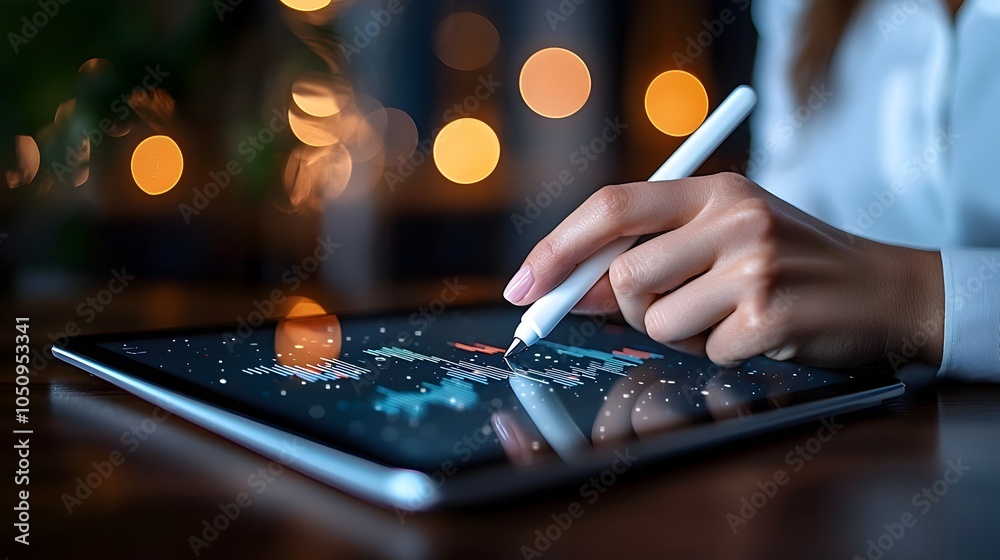 Poster Close up of a professional woman s hand using a stylus on a tablet device displaying elegant interactive graphs and digital data in a minimalist corporate office setting