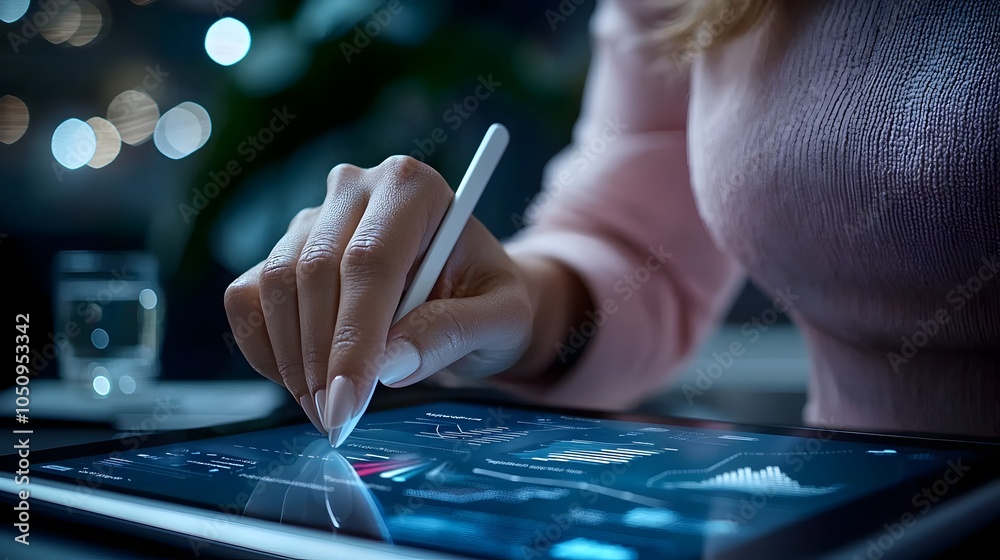 Poster Professional woman s hand using a stylus on a tablet displaying interactive graphs and elegant digital data analytics in a corporate office setting