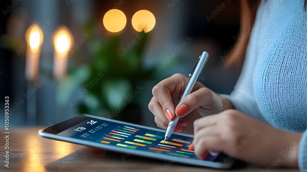 Fototapete A female hand writing on a tablet device displaying vibrant and colorful business data graphs that highlight growth trends analytics and financial information for a professional or corporate setting