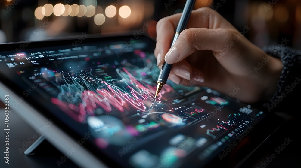 Poster close up shot of a woman s hand holding a pen drawing on a digital tablet screen full of animated gr