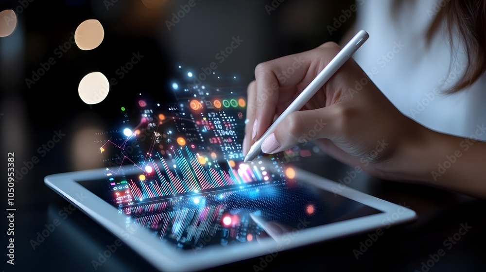 Aufkleber A female hand writing and highlighting vibrant data graphs charts and analytics on a digital tablet device showcasing business trends growth patterns and corporate information