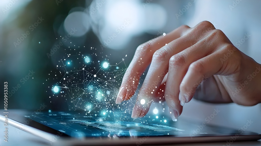 Leinwandbilder Graceful female hand elegantly navigating through complex business analytics and data visualizations displayed on a tablet screen presented in a bright and creative watercolor painting style