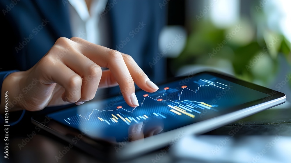 Poster a female hand gracefully navigating through intricate business analytics charts and graphs displayed