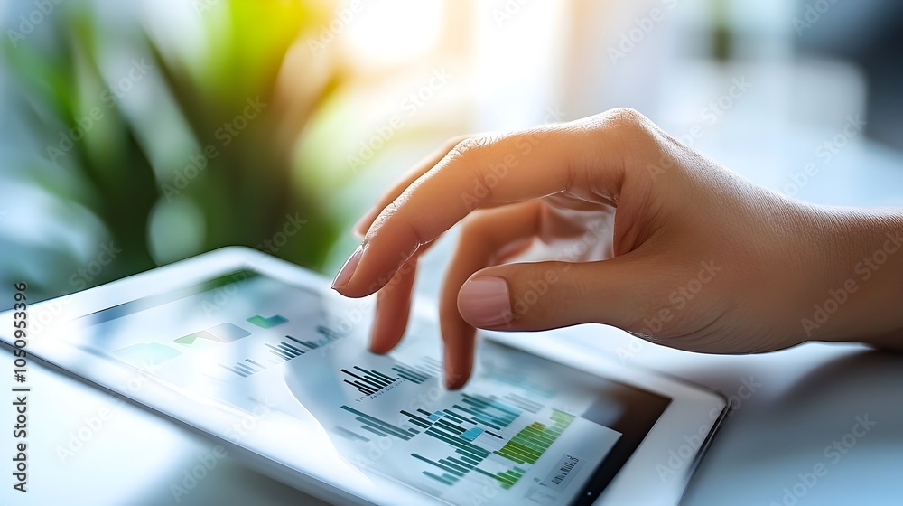 Poster Graceful Female Hand Seamlessly Navigating Through a Vibrant Watercolor Inspired Tableau of Complex Business Analytics and Data Visualizations on a Tablet Screen