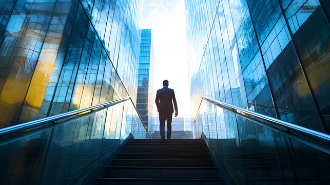 businessman walking up stairs between glass buildings, exuding determination