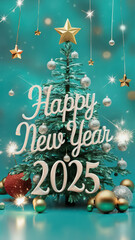 Vertical greeting card with a decorated Christmas tree with a golden star on top in a turquoise background. The greeting "Happy New Year 2025" is written in white handwritten letters.