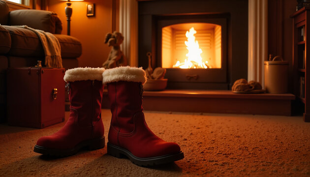 red boots of Santa Claus drying near the fireplace - Powered by Adobe