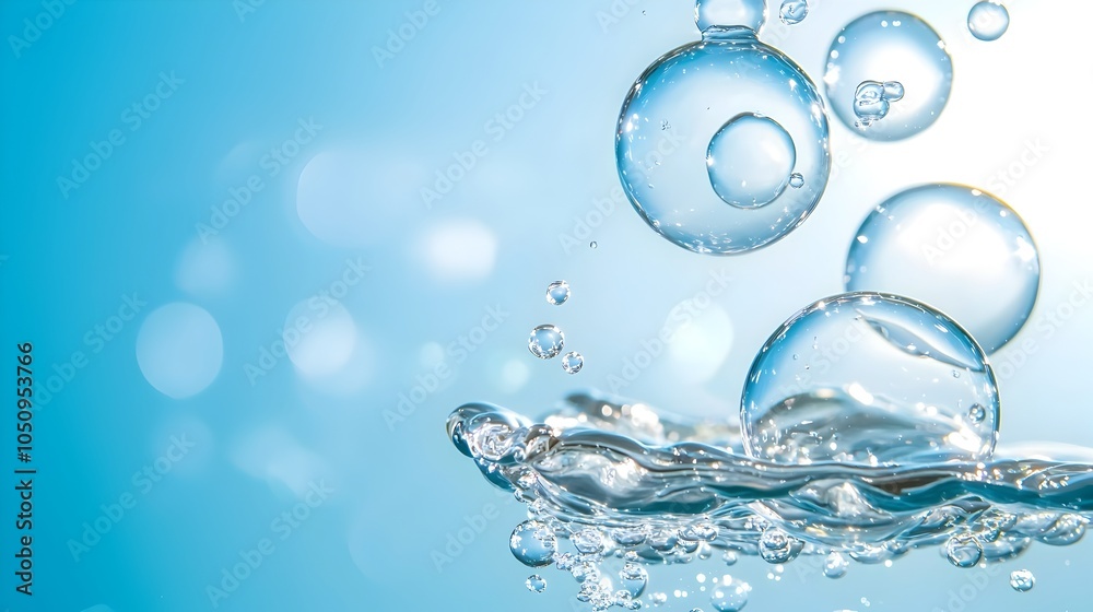 Poster abstract wallpaper design featuring large transparent air bubbles floating upward against a serene b