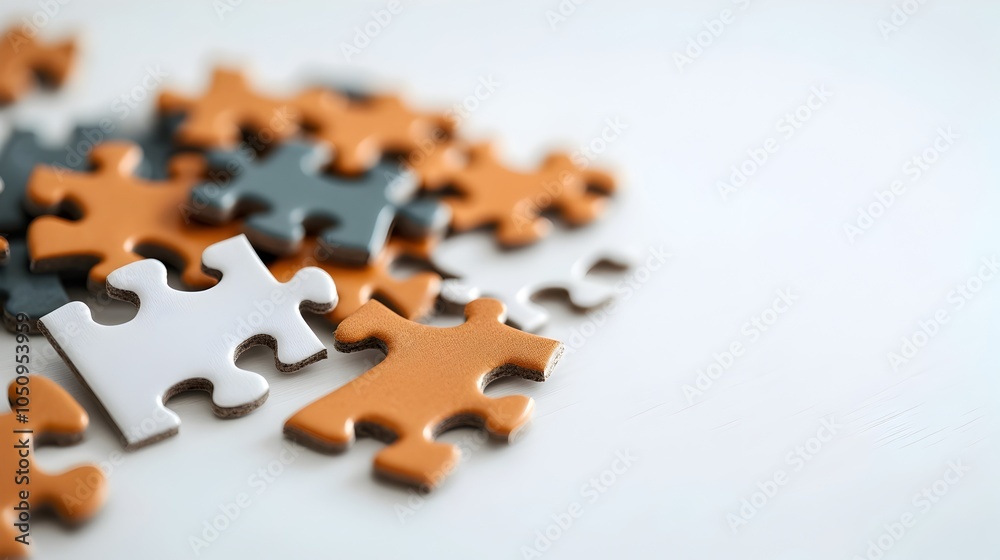 Poster colorful and intricately patterned puzzle pieces scattered across a clean white surface waiting to b