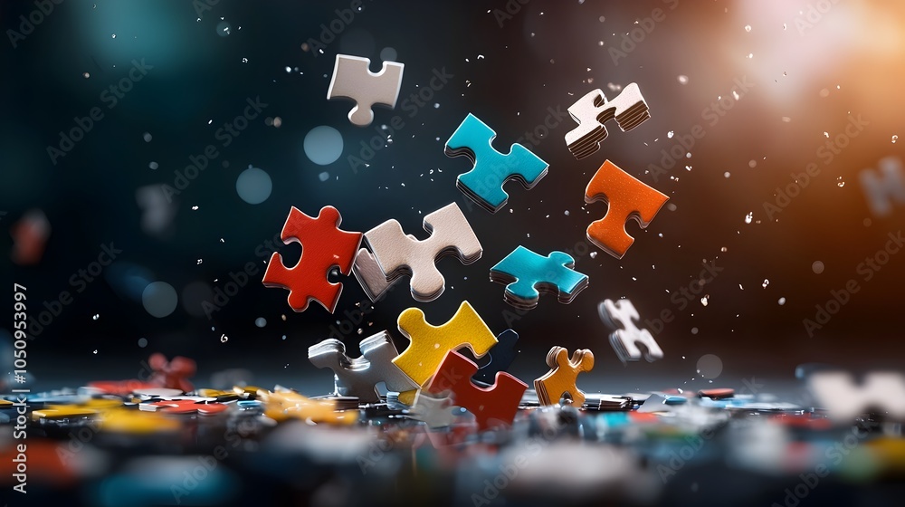Aufkleber Vibrant and glowing puzzle pieces floating in mid air creating a dynamic and mesmerizing abstract composition with a sense of depth movement and interconnected harmony