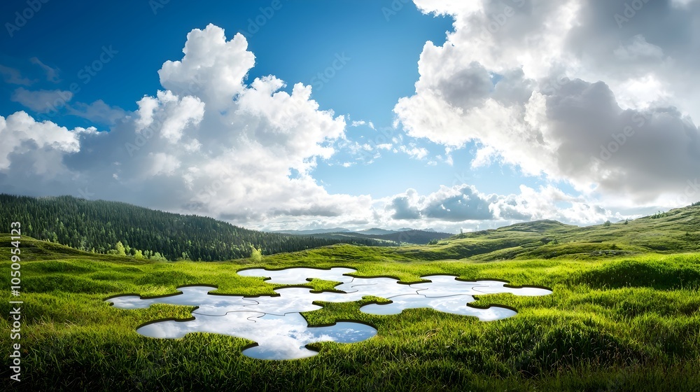Poster captivating puzzle landscape vibrant textures and colors of intricate puzzle pieces come together to
