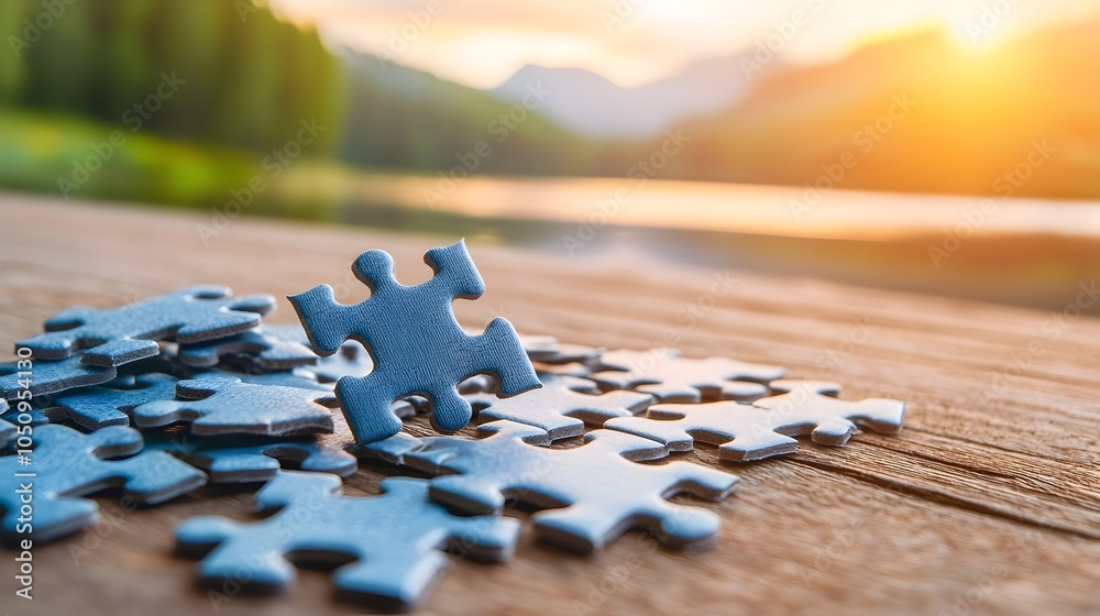 Poster visually striking landscape artwork composed of interconnected puzzle pieces showcasing intricate te