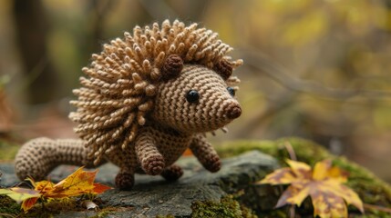 Fototapeta premium A charming crocheted hedgehog sits on a moss-covered log surrounded by colorful autumn leaves, showcasing intricate needlework in a serene forest setting.