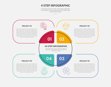 4 points template infographic outline style with 4 point step template with creative round box with big circle centre for slide presentation