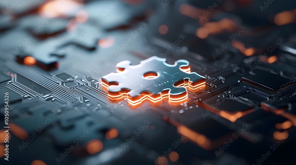 Poster Futuristic puzzle design with glowing neon pieces interlocking to form a high tech abstract image set against a dark background  Innovative digital