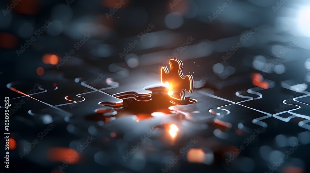 Poster Futuristic puzzle design with glowing neon colored interlocking pieces forming a high tech abstract image against a dark background