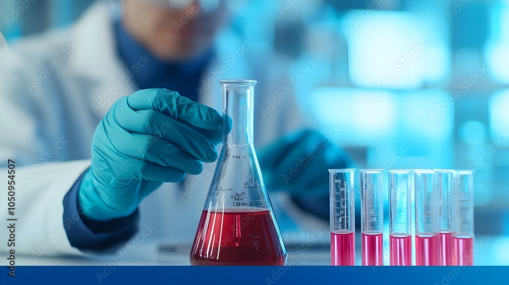Poster Close up view of a scientist meticulously working with a flask and test tube in a cutting edge futuristic laboratory setting with a vibrant blue backdrop highlighting the scientific research process