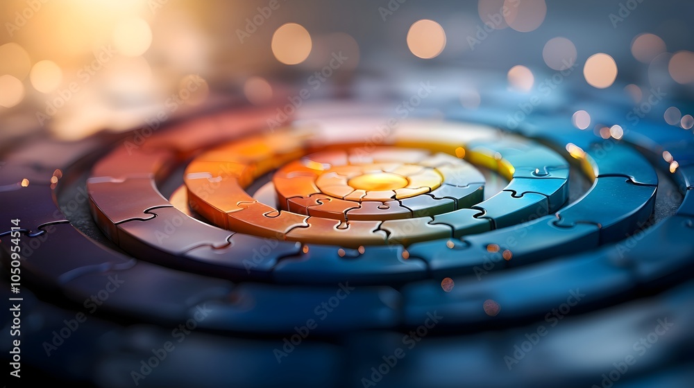 Fototapete Vibrant puzzle pieces glowing with colorful radiance arranged in a circular pattern that symbolizes unity connection and collaborative solutions