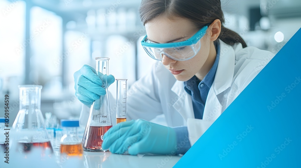 Aufkleber Close up shot of a scientist wearing a lab coat carefully working with a flask and test tube in a futuristic technologically advanced laboratory setting against a blue backdrop