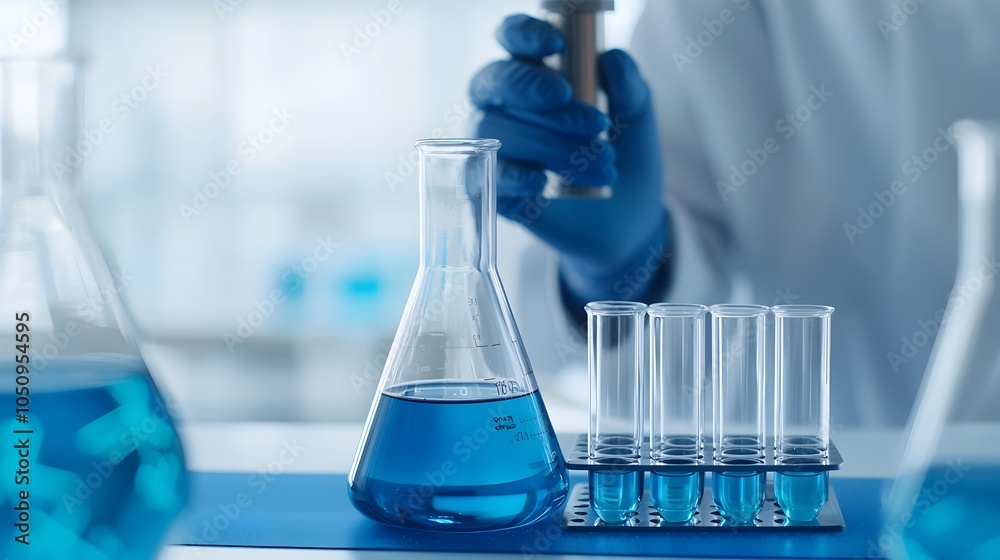 Poster close up of a scientist meticulously working with a flask and test tube in a futuristic laboratory e