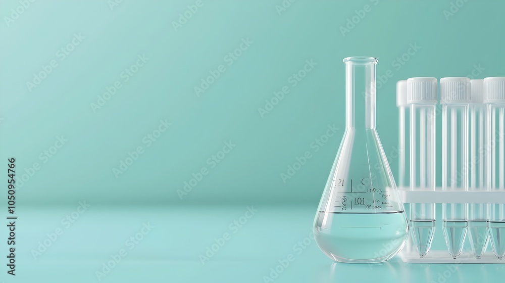 Aufkleber flask and test tube placed in a sterile laboratory environment set against a vibrant blue banner bac