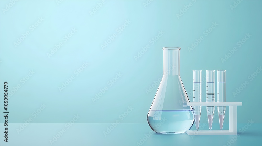 Poster clean and sleek science research laboratory setting with a prominently featured test tube and flask 