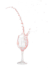 Pouring Clear Wine glass with spilled red liquid in air. Red wine splashing out of glass with curve spill and splashing. Black background isolated element